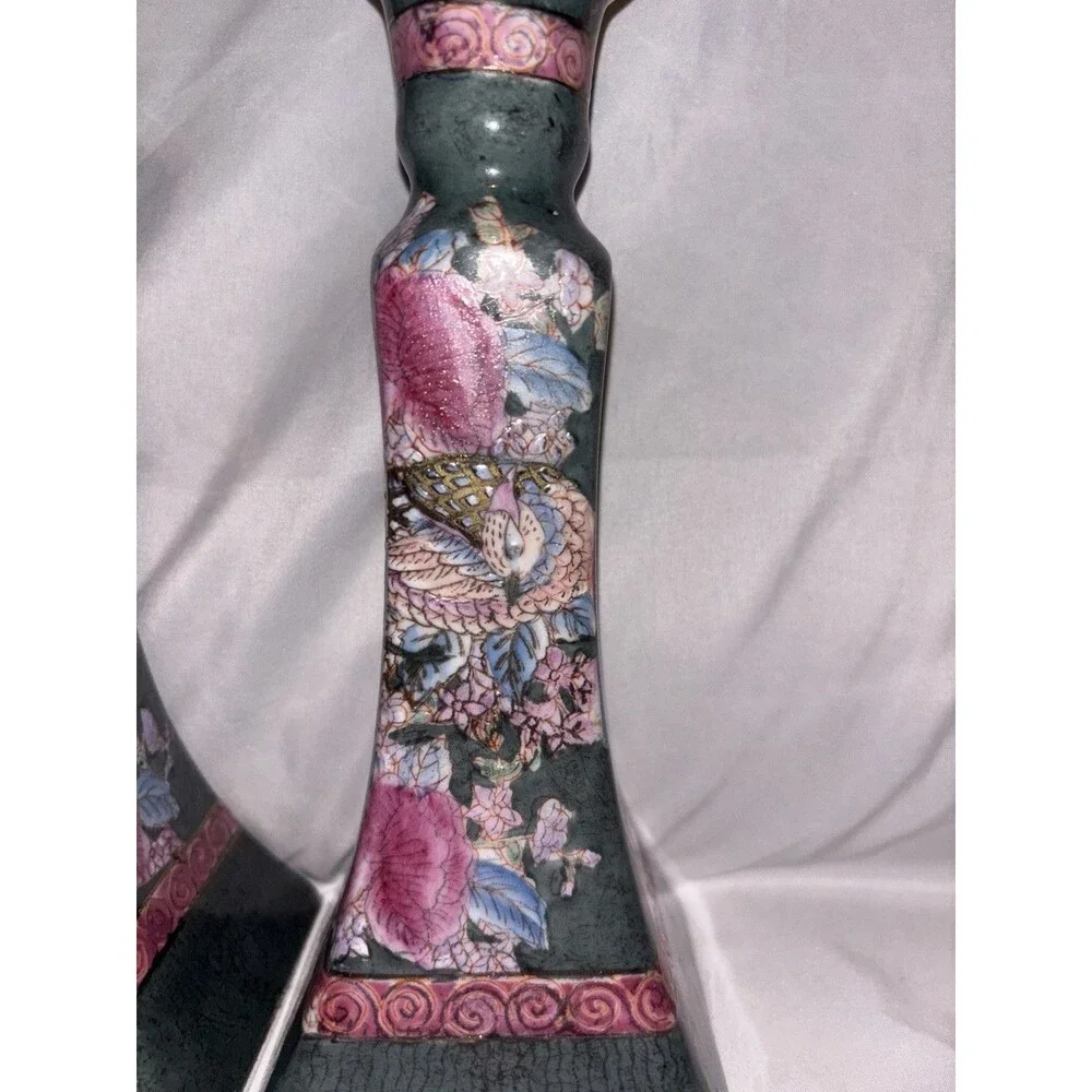 Vintage Famille Rose Porcelain Candlestick Holders 8.5